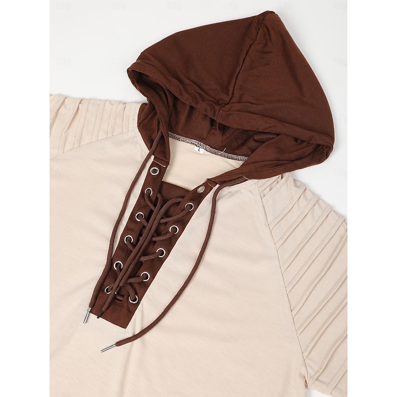 Men's T Shirt Tee Top Long Sleeve Shirt Long Sleeve Hooded Spring &  Fall Color Block Slim Pleated Fashion Designer Basic Lace up Patchwork Vacation Street Going out Black Army Green Beige Top Tee3