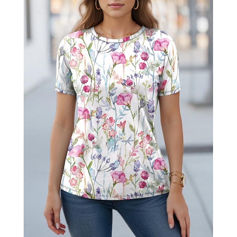 Women's T Shirt Fashion Floral Print Short Sleeve Regular Tops Crew Neck Daily Weekend White Yellow Blue Purple Summer4