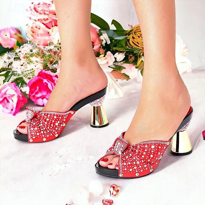 Women's Rhinestone Embellished Mules with Matching Clutch Bag – Elegant Black High Heel Shoes and Bow Detail for Weddings and Special Occasions 7