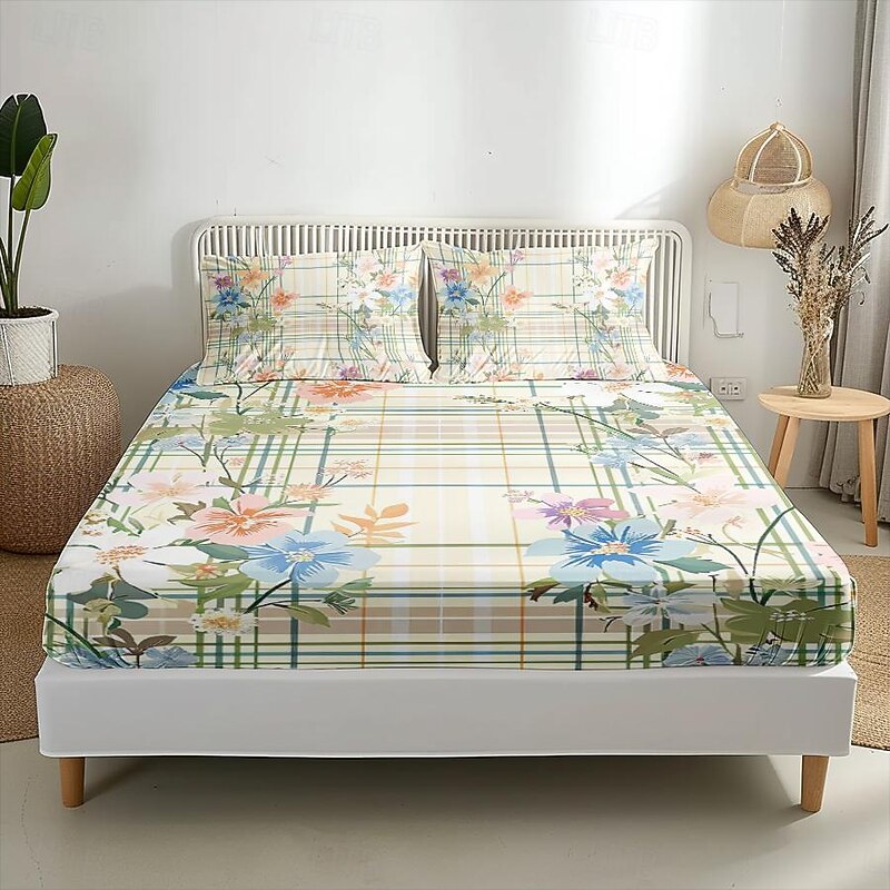 100% Cotton Floral Stripe Spring Pattern Fitted Sheet Set Ultra Soft Breathable Silky Bed Sheets Deep Pocket Bedding Sheets 3 Piece Queen King Size4