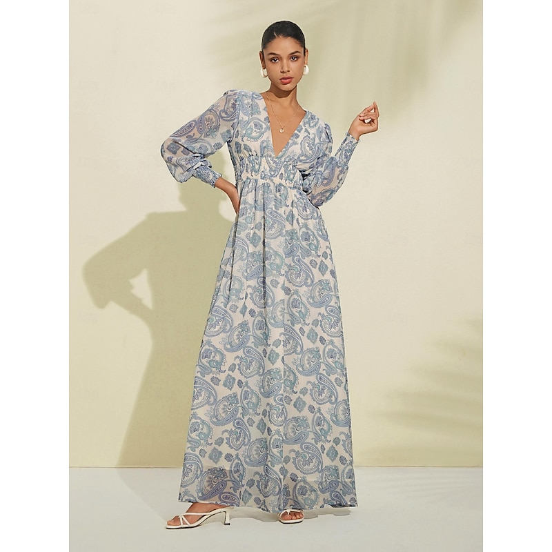 Women's Bridal Shower Dress Summer Dress Print Dress Long Dress Maxi Dress Blue Long Sleeve Curve Floral Botanical Tropical Flowers Floral Style Print Spring & Summer V Neck Beach Vacation Date S M L