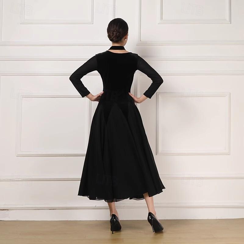Ballroom Dance Dress Pure Color Splicing Women's Performance Party Long Sleeve Charmeuse Pleuche4
