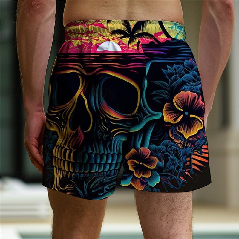 Men's Skull Coconut Tree Swim Trunks Swim Shorts Board Shorts Mid Waist Vacation Hawaiian Holiday Vacation Holiday Beach Drawstring with Mesh lining Elastic Waist Designer Clothing Apparel3