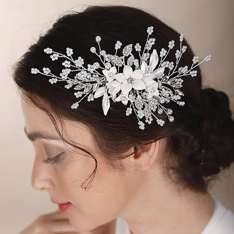 Bride Headwear Wedding Dress Ancient Style Hanfu Hair Comb Pearl Crystal Bead String White Headflower Ceramic Flower Comb