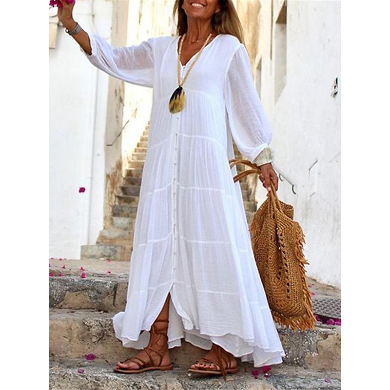 Women's White Yellow Blue Summer Spring Maxi long Dress Maxi Dress White Dress Shirt Dress Cotton Linen Dress Vacation Basic Modern Daily Weekend Loose Fit Plain V Neck