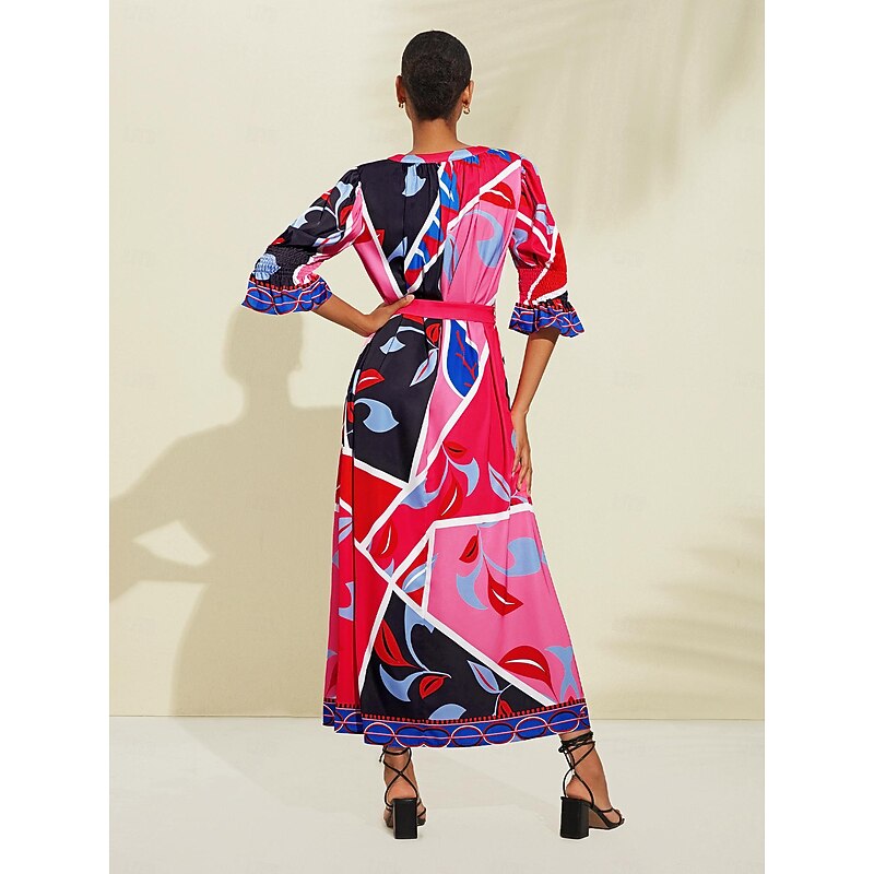 Satin Floral Block Print Round Neck Maxi Dress2