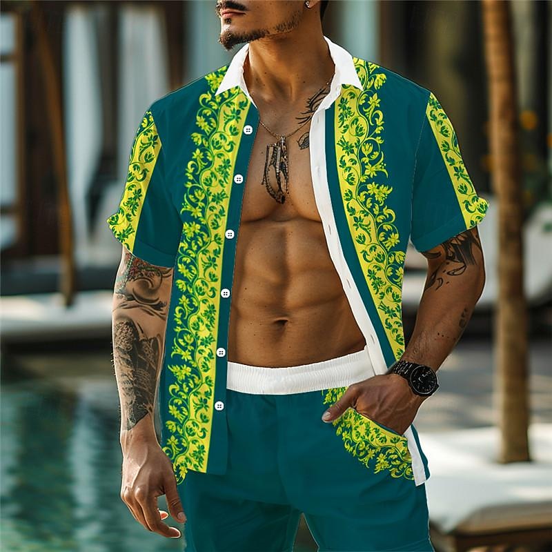 Men's Floral Print 2pcs Shirts Sets Summer Hawaiian Shirt Short Sleeve Short Pants Turndown Vacation Hawaiian Outdoor Hawaiian Holiday Pocket Buttons Print Summer All Seasons Yellow Green4
