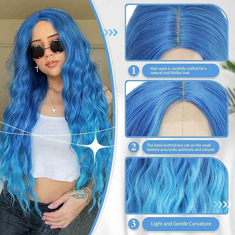 Halloween Wigs Cosplay Long Blue Wig 28 Inch Middle Part Synthetic Wig Realistic Carnival Gifts Party Wigs for Women Daily Use Colorful Wigs Blue4