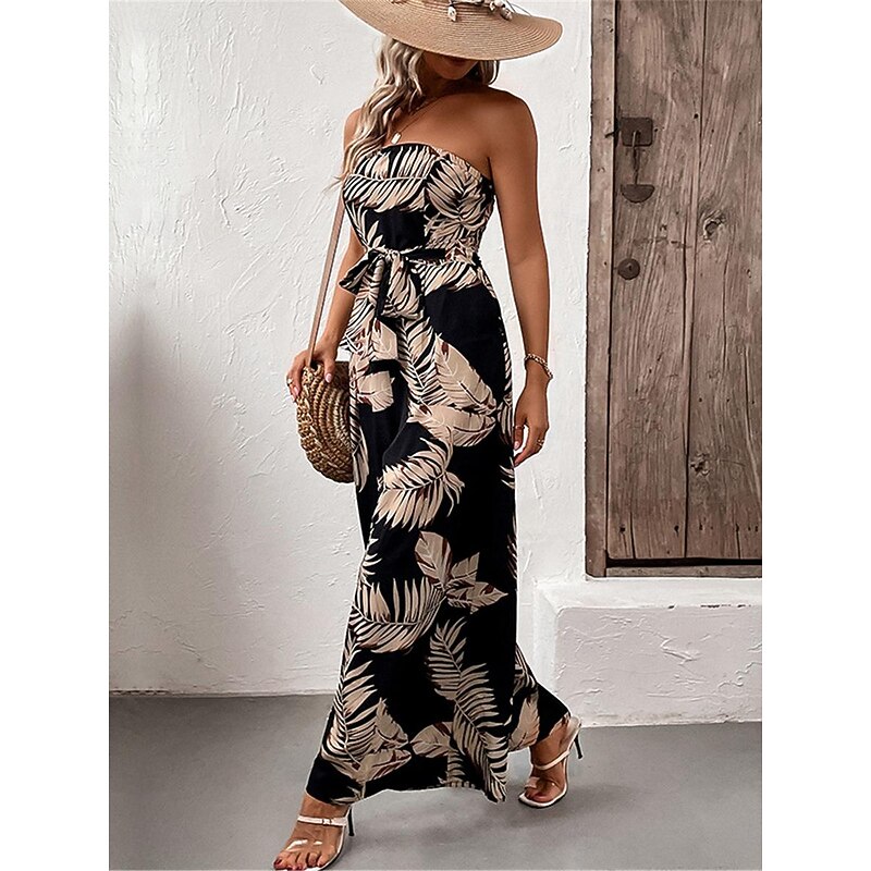 Women's Normal Jumpsuit Streetwear Print Sleeveless Strapless Backless High Waist Street Daily Regular Fit Black Summer3