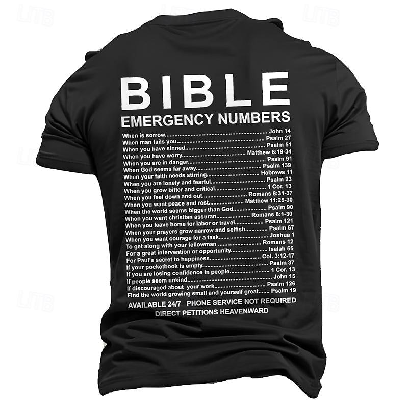 Christian Bible Emergency Numbers Backprint T-Shirt Religious Scripture Verse Graphic Tee for Men Faith-Based Inspirational Shirt Church Gift3