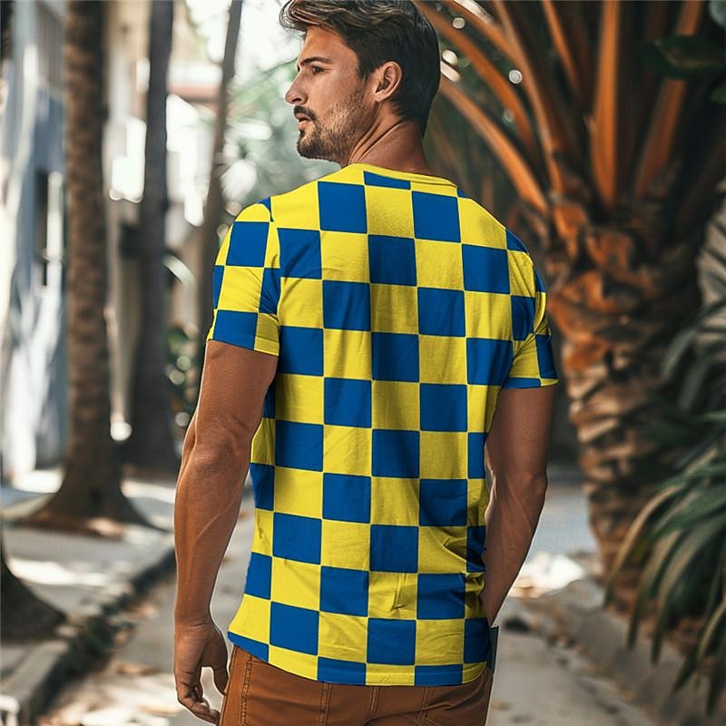 Colorful Holiday X Designer Kris Men's Plaid Printed Henley Shirt Short Sleeve Button-Up T Shirt3