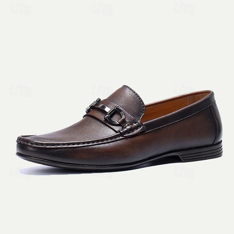 Men's Premium Cowhide Leather Loafers with Black Metal Detail – Classic Brown Slip-On Dress Shoes for Formal and Business Attire3