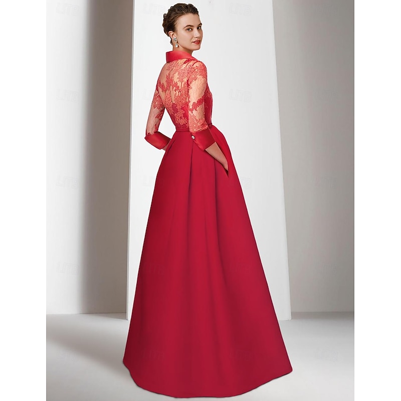 Jumpsuit Mother of the Bride  Formal Wedding Guest Elegant Party Shirt Collar Ankle Length Satin Lace 3/4 Length Sleeve with Pleats4