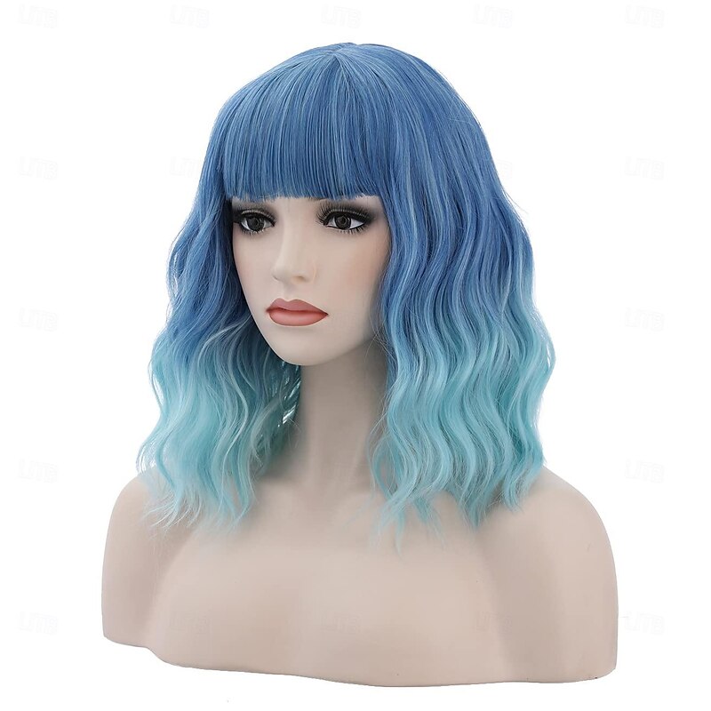 Blue Wigs for Women 14 Inches Short Blue Wavy Wig With Bangs 2 Tones Short Wigs for Cosplay Party Daily Wigs Halloween Wigs3