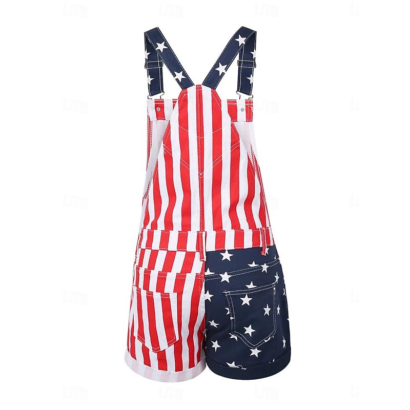 Women's Normal Overall Streetwear National Flag Sleeveless Square Neck Buttons Pocket Street Daily Regular Fit Black Red Summer4
