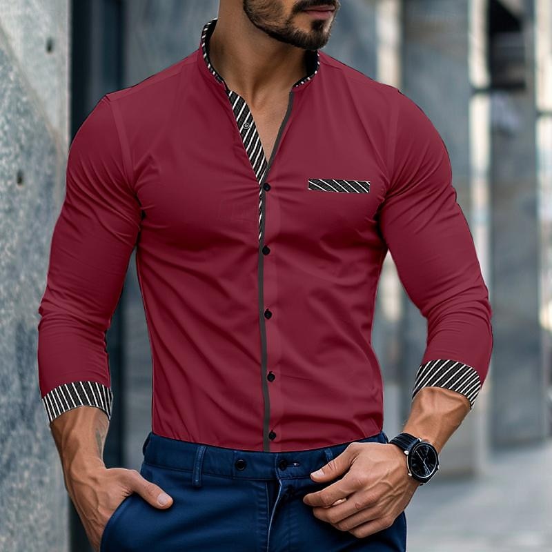 Men's Shirt Band Collar Shirt Summer Shirt Dress Shirt Button Up Shirt Casual Shirt White Wine Blue Long Sleeve Stripe Band Collar Daily Vacation Splice Clothing Apparel Cotton Cotton Blend Fashion4