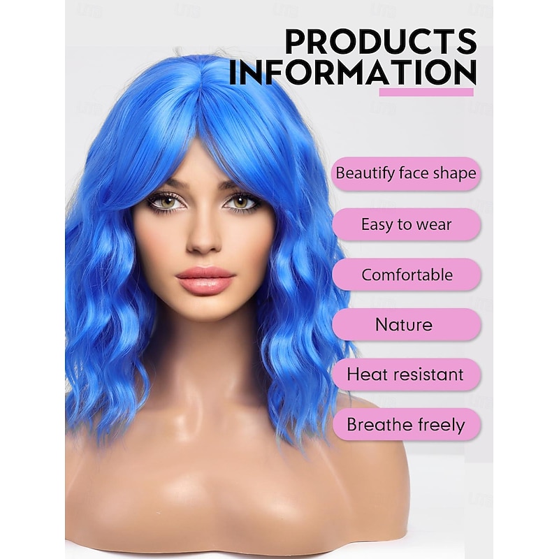 Blue Bob Wavy Wigs for Women Synthetic Hair Wig with Bangs Carnival Costume Wigs Daily Wear Fashionable Blue Wigs Perfect for Parties2