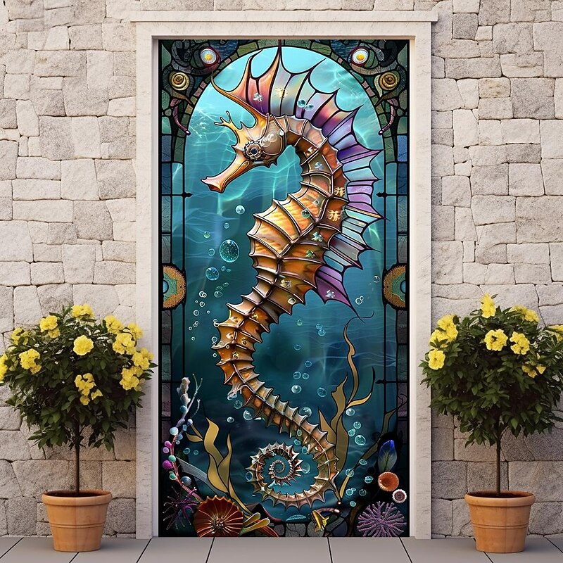 Stained Glass Seahorse Door Covers Door Tapestry Door Curtain Decoration Backdrop Door Banner for Front Door Farmhouse Holiday Party Decor Supplies3