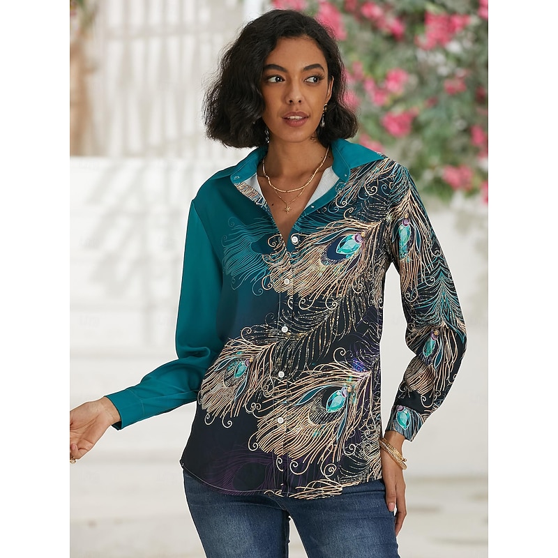 Women's Shirt Long Sleeve Button Down Blouse Basic Neon & Bright Buttons Print Regular Tops Shirt Collar Casual Green Spring Fall4