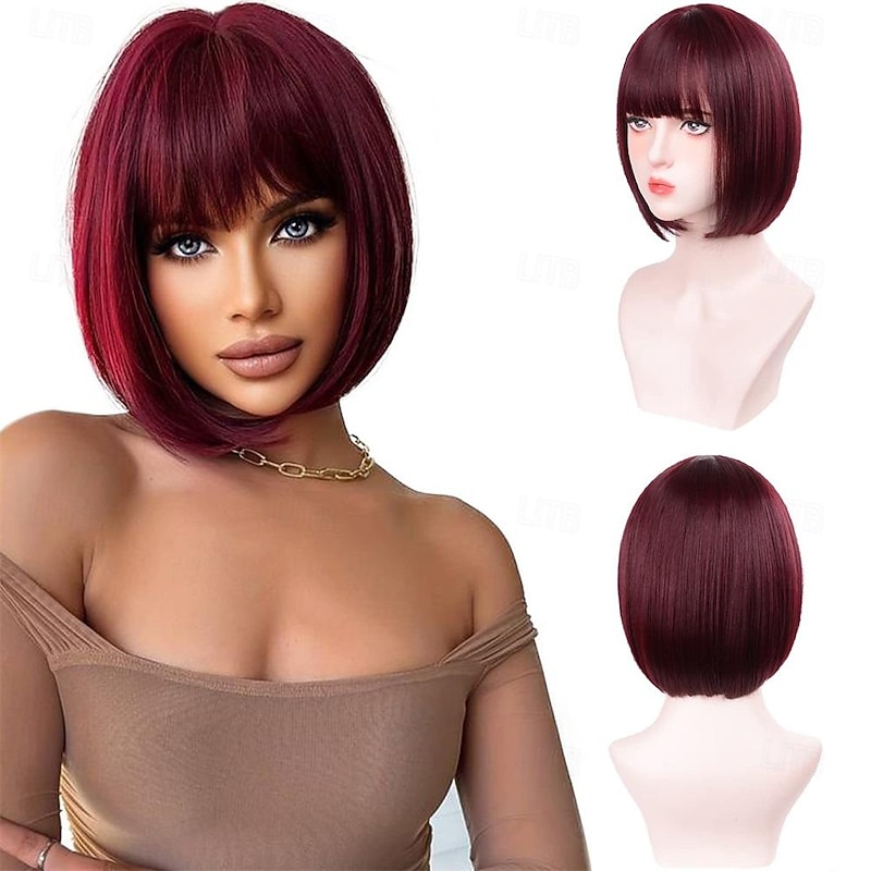 Bob Wigs with Bangs Burgundy Wig for Women Wine Red Wig Short Straight Wig Heat Resistant Fiber Synthetic Wig Halloween Cosplay 99J Colorful Wigs Party Wig