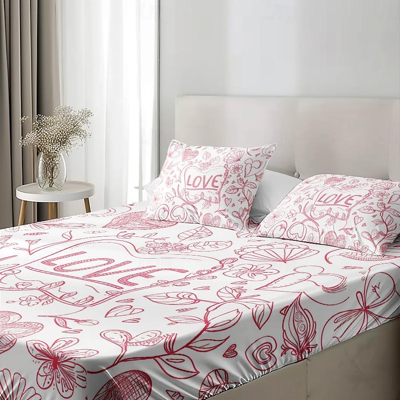 Love Heart Pattern Fitted Sheet Set 100% Cotton Ultra Soft Breathable Silky Bed Sheets Deep Pocket Bedding Sheets 3 Piece Queen King Size3