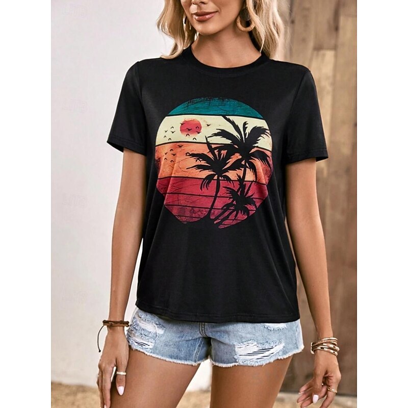 Women's T Shirt Graphic Fashion Hawaiian Short Sleeve Crew Neck Regular Tops Casual Weekend Print Black Summer3