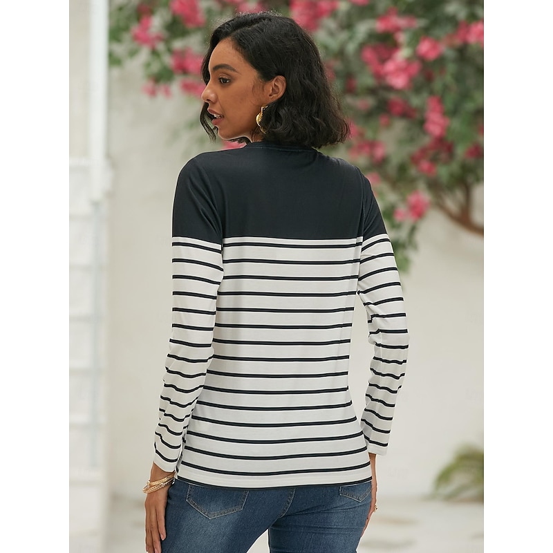 Women's T shirt Long Sleeve Crew Neck Long Sleeve Tunic Striped Basic Round Neck Regular Tops Daily Weekend Print Black White Red Blue Gray Fall & Winter Prefall3