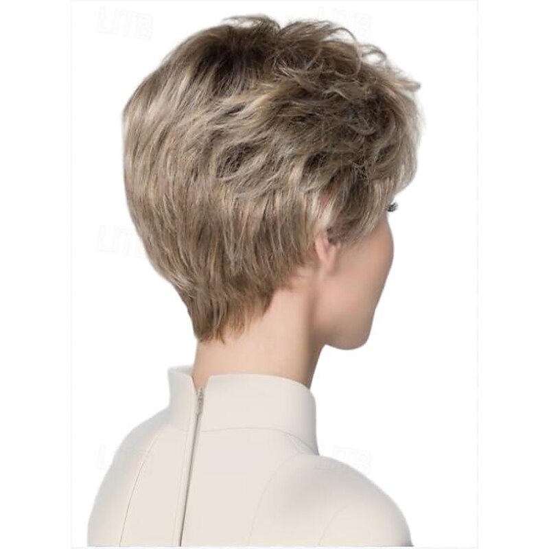 Blonde Short Wig with Bangs Layered Blonde Mix Brown Wigs for White Women Ash Blonde Wig with Dark Roots Short Hair Wigs for Women Synthetic Natural Looking Wig for Daily3