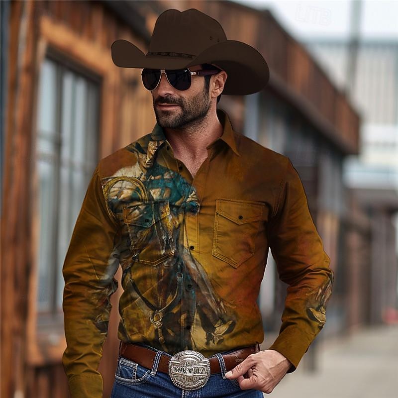 Men's Cowboy Western Shirt Cowboy Shirt Long Sleeve Vintage Western Style Tribal Outdoor Vacation Horse Race Spring & Summer Turndown Print Button-Down Navy Blue Brown2