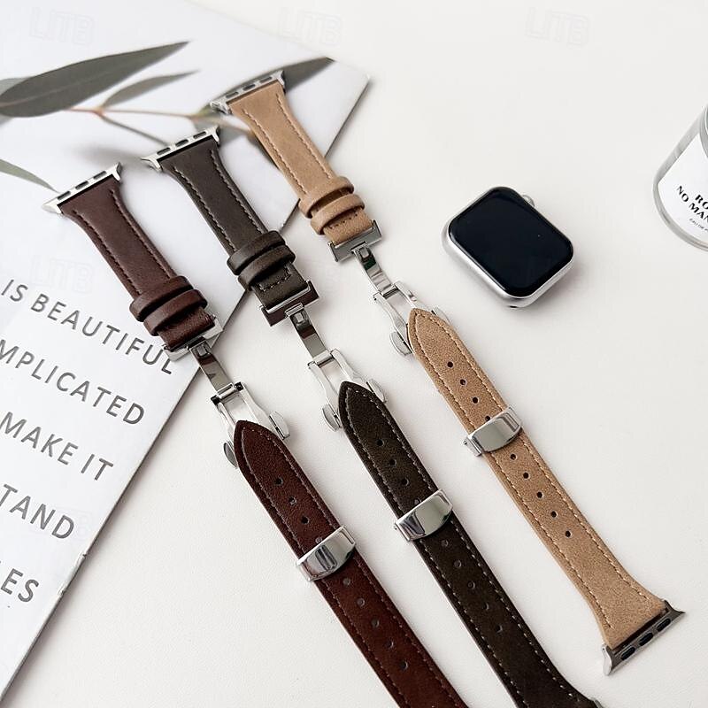 Leather Band Compatible with Apple Watch band 38mm 40mm 41mm 42mm 44mm 45mm 49mm Rugged Metal Clasp Adjustable Genuine Leather Strap Replacement Wristband for iwatch Ultra 2 Series 9 8 7 SE 6 5 4 3 22