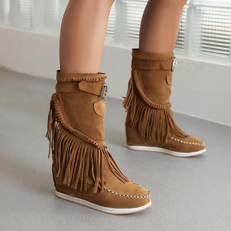 Women's Brown Fringe Wedge Boots – Faux Suede Mid-Calf Moccasin Style Boots for Fall Festivals, Parties, and Casual Outfits