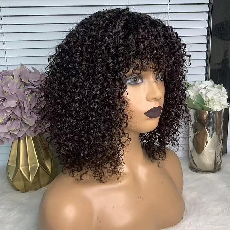 Curly bob Wig Human Hair With Bangs short curly Wig Human Hair None Lace Front bob Wigs Human Hair  bob Wigs Human Hair For Black Women Natural Color2