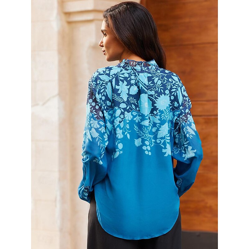 Satin Floral Ruffle Long Sleeve Blouse2