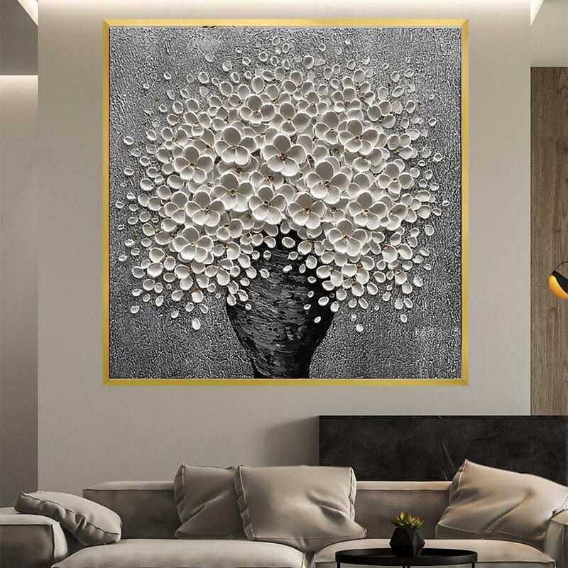 Hand Painted 3D Modern Canvas flower Painting Vase Black White Flower Blooming Floral Oil Painting for home decoration2