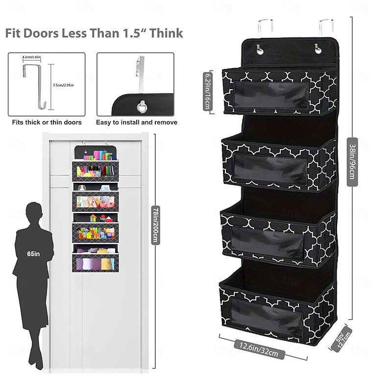 Over-the-Door Storage Bag: Featuring Floral and Solid Black Designs with White Borders, Equipped with 2 Hooks for Hanging, 4 Large Capacity Pockets for Filling, Suitable for Closets, Bathrooms, Nurseries, Bedrooms, Dormitories4