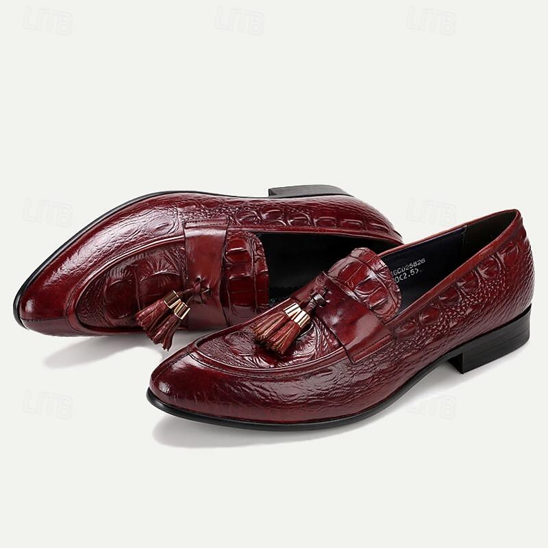 Men's Loafers & Slip-Ons Wine Black Glossy Burgundy Crocodile Leather Tassel Comfortable Slip Resistant4