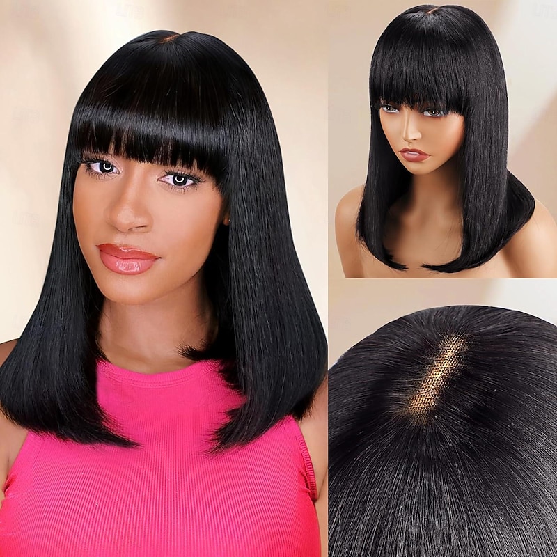 Straight Wig Human Hair With Bangs 2x1 Lace  Cut Wigs Realistic Look Scalp Bob Bangs Wigs For Women Natural Color Brazilian Human Virgin Hair Wigs