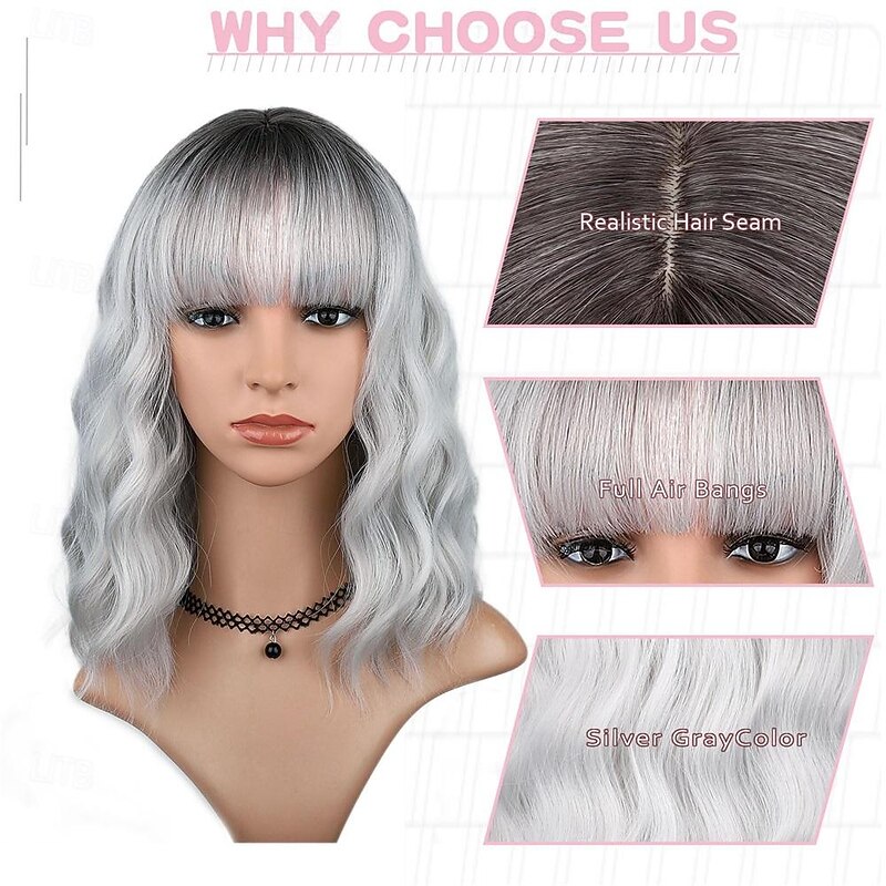 Silver Gray Wavy Wig with Bangs for WomenOmbre Grey Wigs Shoulder Length Bob Curly Wig Natural Looking Silver White with Dark Roots Synthetic Hair for Daily Party Use3