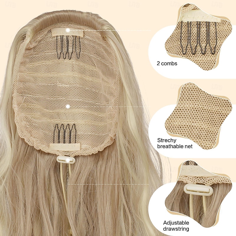 Ponytail Extensions Drawstring Ponytails Hair Extension Light Ash Brown Bleach Blonde Long Curly Wavy Hair Piece Synthetic Pony Tail Hairpieces for Women3