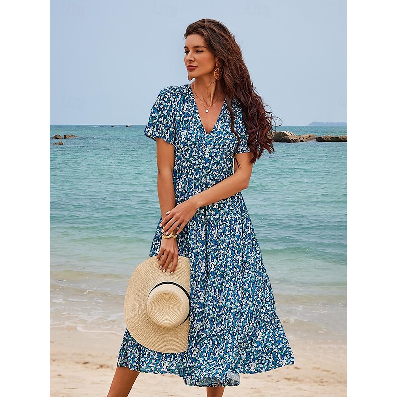 Women's Mid-Length Dress Short Sleeve V-neck Floral Print Bohemian Style Comfortable Beach Vacation Wear Blue White Summer Spring Clothing Apparel2