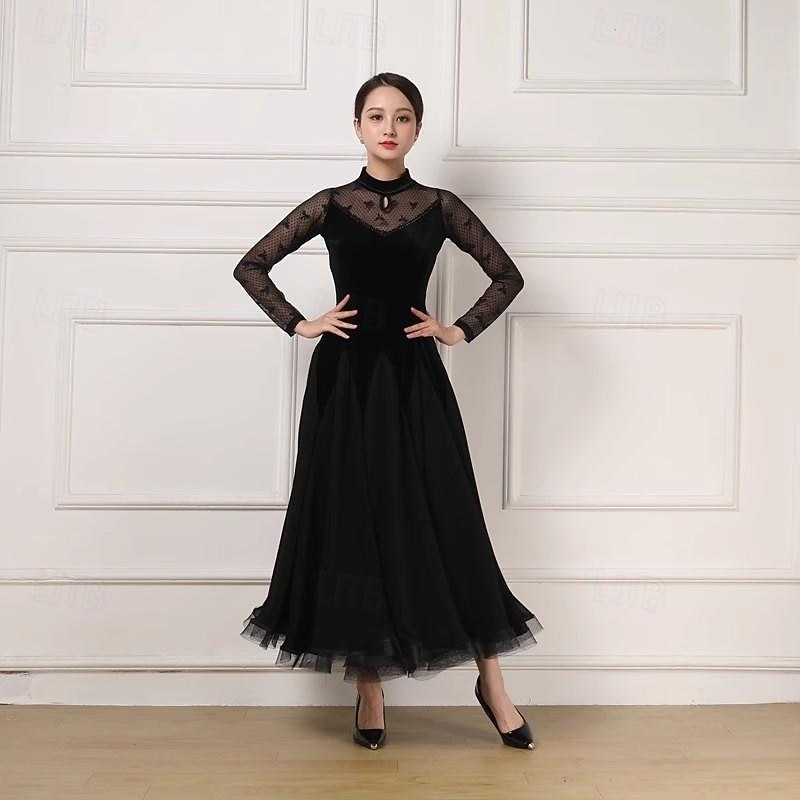 Ballroom Dance Dress Lace Pure Color Splicing Women's Performance Party Long Sleeve Charmeuse Pleuche3