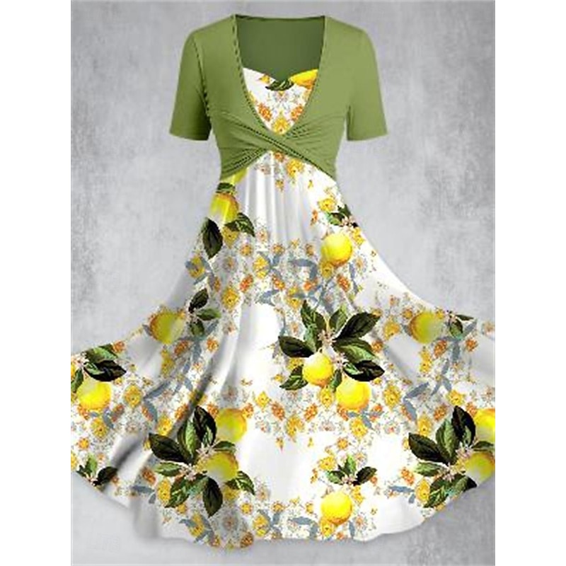 Women's Midi Dress Summer Dress Elegant Bohemia Vacation Date Loose Fit Graphic Short Sleeve V Neck Black Yellow Pink Brown Summer