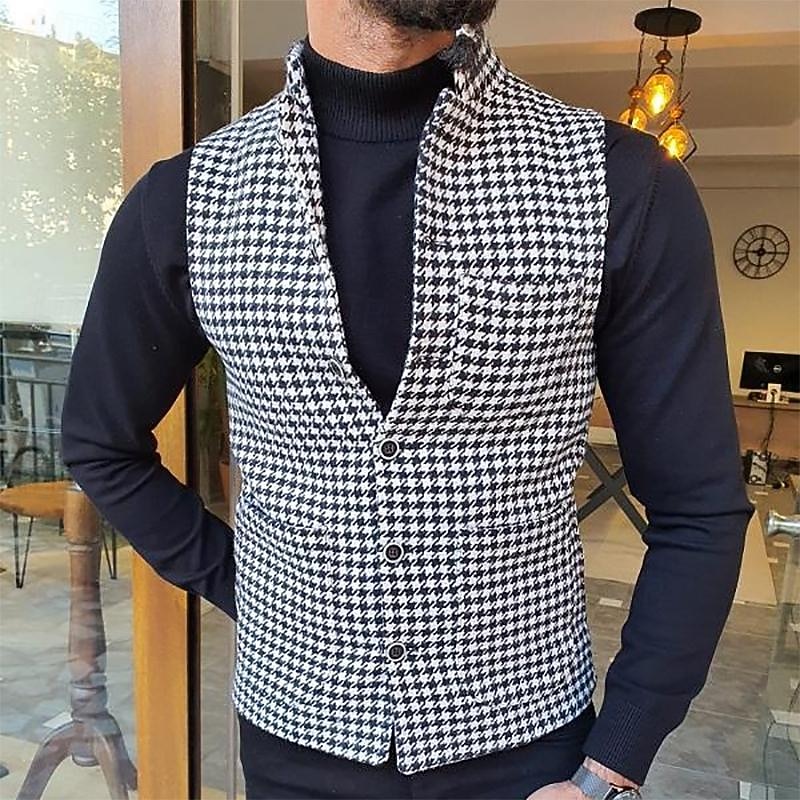 Men's Vest Gilet Casual Daily Traditional Spring &  Fall Basic Polyester Casual Houndstooth Single Breasted Standing Collar Form Fit Black Vest
