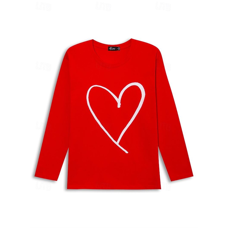 Valentine Women's Heart T Shirt Cute Red Tee Regular Tops Long Sleeve Round Neck Print Regular Fit Valentine Weekend Black Pink Red Spring &  Fall4