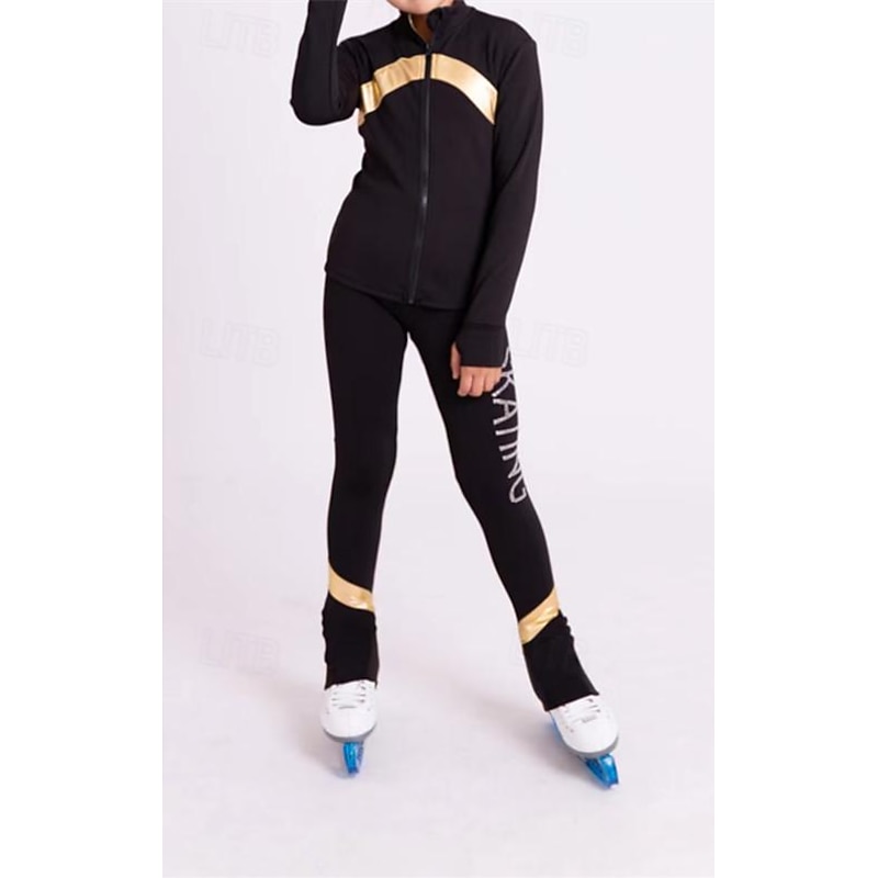 Figure Skating Fleece Jacket Figure Skating Pants Figure Skating Jacket with Pants Women's Girls' Ice Skating Jacket Tights Outfits Black Dark Blue Patchwork Thumbhole Spandex Stretchy Training