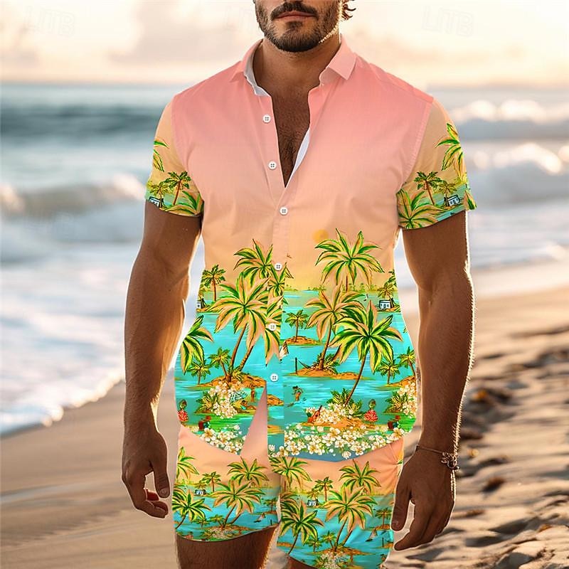 Men's Palm Tree Tropical Plants Seascape Pattern 2pcs Shirts Sets Summer Hawaiian Shirt Short Sleeve Short Pants Turndown Vacation Hawaiian Outdoor Vacation Hawaiian Pocket Buttons Print Summer All