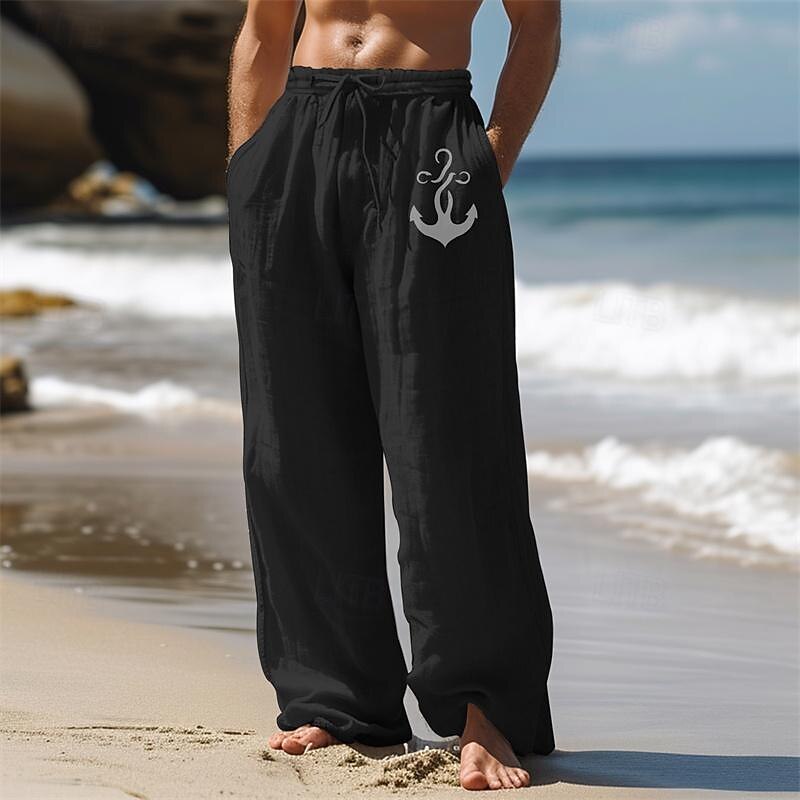Men's Anchor Linen Pants Pants Trousers Baggy Pants Mid Waist Vintage Outdoor Daily Wear Streetwear Side Pockets Elastic Drawstring Design Black White Blue4