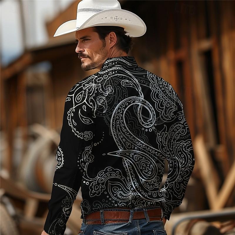 Men's Paisley Western Shirt Cowboy Shirt Long Sleeve Vintage Western Style Tribal Outdoor Vacation Horse Race Spring & Summer Turndown Print Button-Down Dark Red Black Yellow Navy Blue Royal Blue4