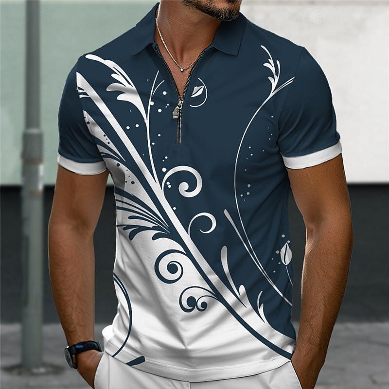 Men's Hawaiian Polo Shirts Golf Shirt Short Sleeve Polo Shirts Collared Shirts Casual Beach Wear Vacation Wear Tropical Wear Party Outfits 3D Print Quarter Zip Polo Summer Black Dark Navy3