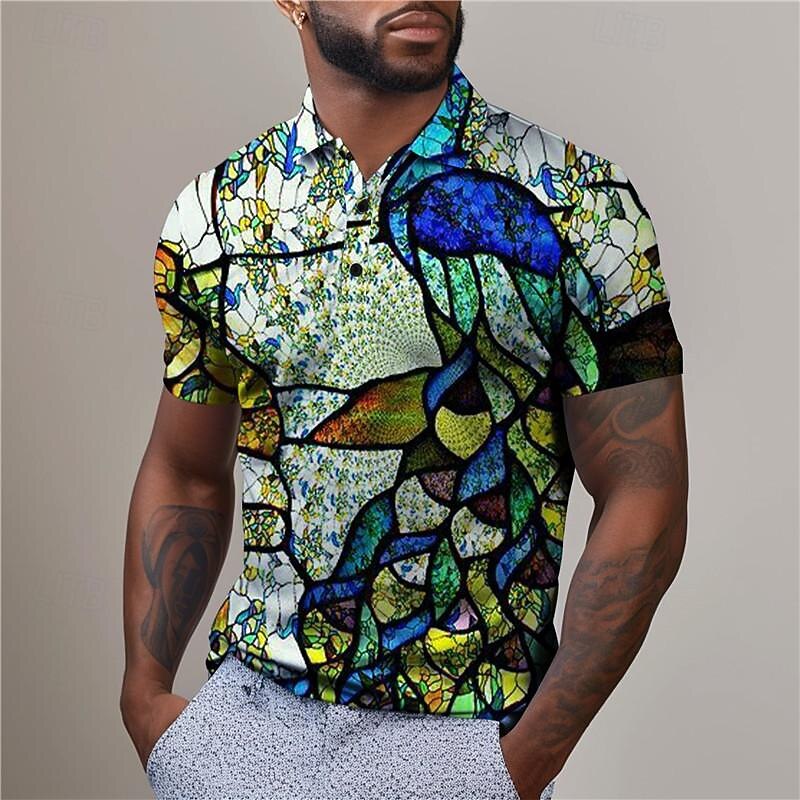 Men's Graphic Polo Shirts Golf Shirt Short Sleeve Polo Shirts Collared Shirts Casual Vacation Wear Rave Wear Party Outfits Buttons 3D Print Summer Blue Purple Green